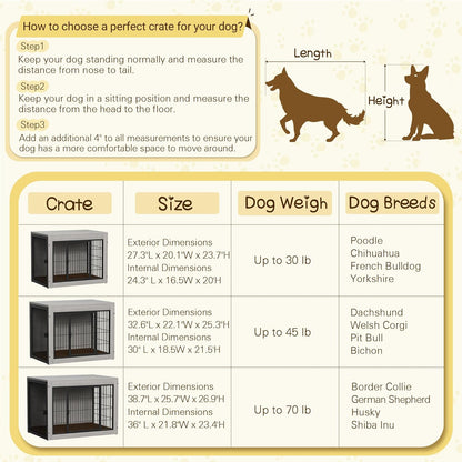 Bigrab Dog Crate Furinture with Thick Cushion, Side End Table Wooden Dog Cage with Double Doors, Chew-Resistant Dog Kennel Dog House Indoor for Small to Large Dog, M (Grey)