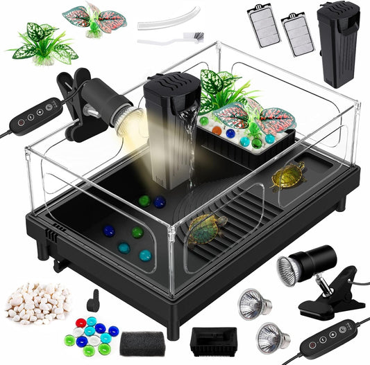 GOZILLA Small Turtle Tank Kit(Tank+Lamp+Filter), Acrylic Turtle Starter Kit with Adjustable Lamp, Reptile Habitat and Terrarium with Multi-Functional Areas for Small Reptiles. (Black Kit) - Pawvie