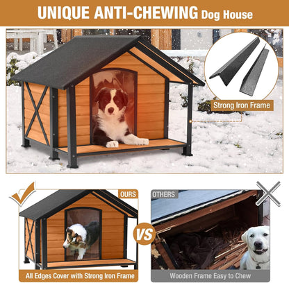 Outdoor Dog House Insulated Large Dog Kennel with Liner for Winter, Heated Dog House 100% Insulated & All-Around Iron Frame
