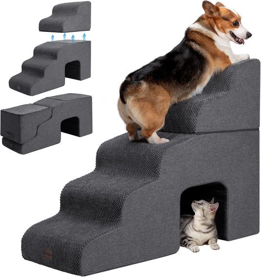 Dog Stairs for High Beds with Tunnel, 5-Step Dog Steps for Small Dogs and Cats, Foldable Pet Stairs for High Bed Climbing, Non-Slip Balanced Pet Step Indoor, Dark Grey - Pawvie