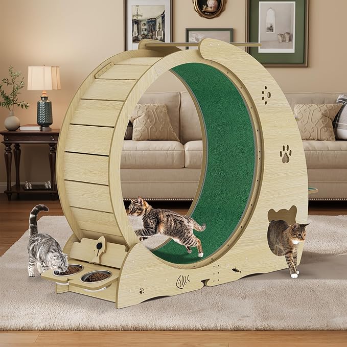 Cat Running Wheel for Indoor Cats, Large 6-in-1 Cat Treadmill with Bowls, Scratch Post & Resting House, Quiet Cats Wheel Exerciser for Kitty Fitness Wood Color