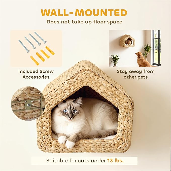 PawHut Wall Mounted Cat House, Cat Wall Condo Furniture with Washable Cushion, Kitty Shelf Bed for Indoor Cats Kittens, Natural