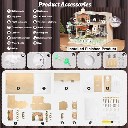 11 in 1 Wooden Hamster Cage with All Accessories, 15.8 Inch 3-Layer Dwarf Hamster Cage Acrylic,Small Animal Cages, Pastoral Style Mouse Cage for Pet Mice, Hedgehog, with Stairs, Fences and Swing