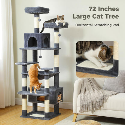 PAWZ Road Large Cat Tree, 72 Inches Cat Tower for Large Cats, Cat Condo with Sisal-Covered Scratching Posts and Pads, 2 Padded Perch, Dual Condo and Basket for Indoor Cats-Dark Gray