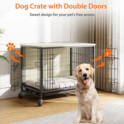 Dog Crate Furniture, 32.5" Wooden Dog Crate Furniture Side End Table, Indoor Kennel with Double Doors, Dog Crates for Medium Dogs, Grey