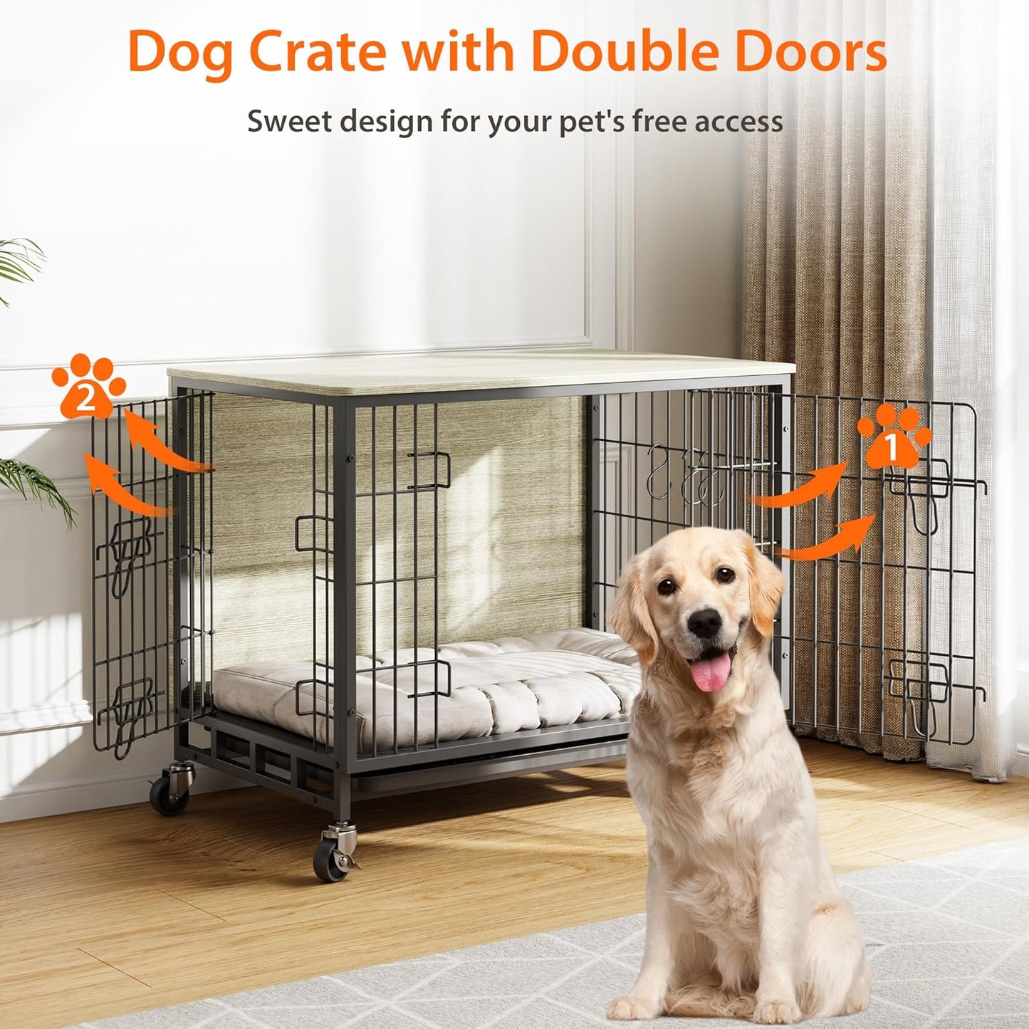Dog Crate Furniture, 27.2" Small Dog Kennel Wooden Dog Crate with Pull-Out Tray, Double Doors, Modern End Table for Small/Medium Dogs, Rustic Brown