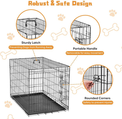 DUMOS Dog Crate, 42 Inch Large Double Door Dog Cage with Divider Panel and Plastic Leak-Proof Pan Tray, Folding Metal Wire Pet Kennel for Indoor, Outdoor, Travel