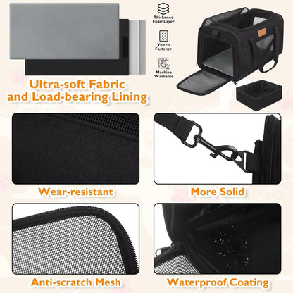 PETUX Pet Carrier Airline Approved, 17"x11"x9.5" Cat Carrier Soft with Anti-Scratch Mesh for Small Cats up to 12 lb, Top Open Portable Dog Carriers with Little Box for Puppy up to 10 lb (Black)