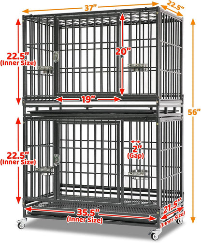 Homey Pet 37 Inch Heavy Duty Dog Crate Indestructible, Collapsible Dog Cage with Lockable Wheels, Removable Tray, High Anxiety Dog Kennel Indoor, Two Tiers Stackable Dog Crates for Medium Dogs