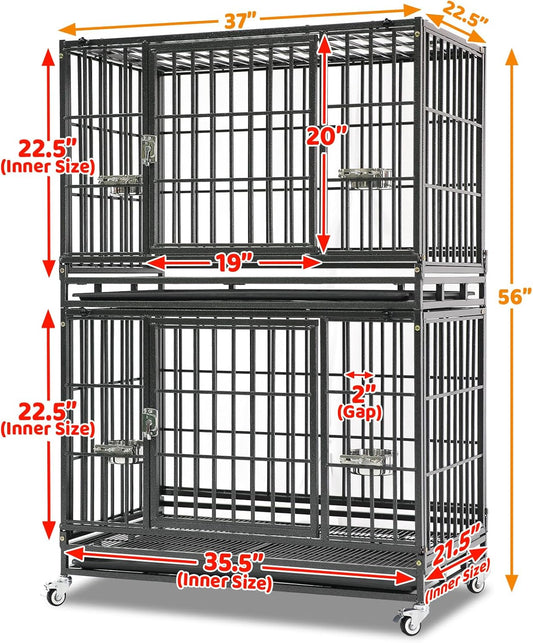 Homey Pet 37 Inch Heavy Duty Dog Crate Indestructible, Collapsible Dog Cage with Lockable Wheels, Removable Tray, High Anxiety Dog Kennel Indoor, Two Tiers Stackable Dog Crates for Medium Dogs