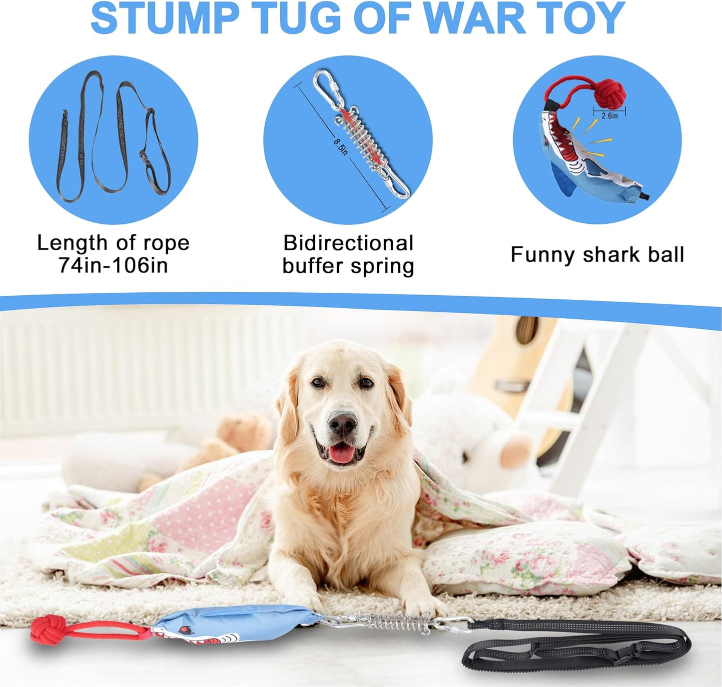 Dog Tree Tug of War Toy with Squeaky, Tethered Tug of War Outdoor Toy Self Play for Aggressive Chewers, Durable Bungee Cord with Chew Ball