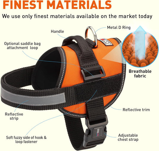 Dogline Dog Harness, Reflective No-Pull Adjustable Vest with Handle for Walking, Training, Breathable, No - Choke Harness for Small, Medium or Large Dogs Room for Patches Girth 33"-46" in Orange