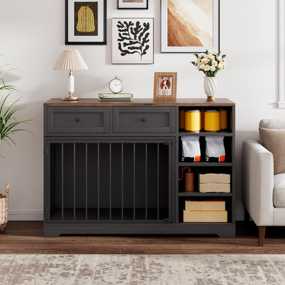 Dog Crate Furniture 47", Large Dog Crate TV Stand with 2 Drawers and 4 Shelves, Wooden Dog Kennel Indoor, Decorative Dog Cage with Storage for Large Dogs, Black