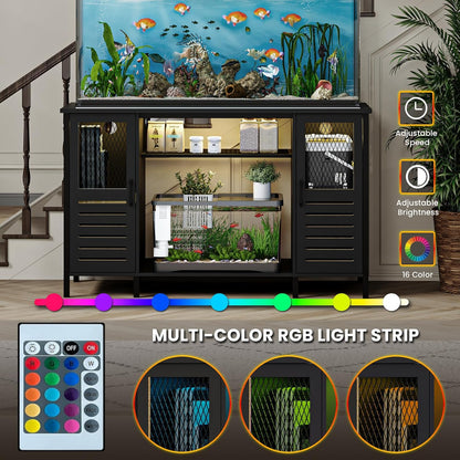 EAG 55-75 Gallon Fish Tank Stand with Power Outlets & LED Light, Heavy Duty Aquarium Stand with Adjustable Shelves, Turtle Reptile Terrarium Tank Stand with Cabinet, 1250LBS Capacity, Black