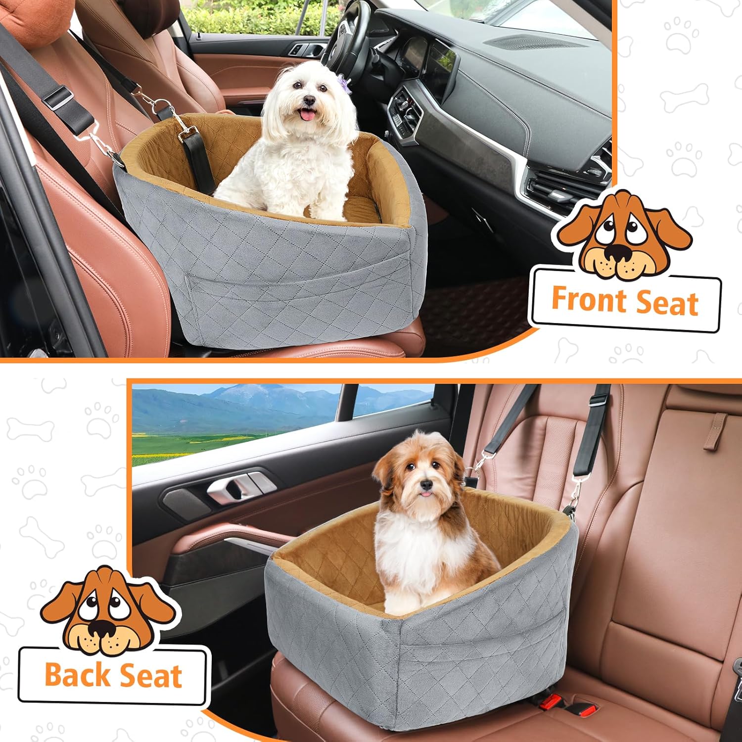 Dog Car Seat for Small Medium Dogs,Detachable Washable Dog Booster Seat Under 30lbs, Pet Car Seat Travel Bed with Storage Pockets and Dog Safety Belt(Grey/Brown) - Pawvie