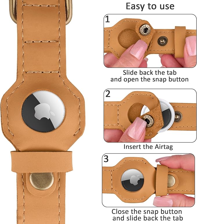 AirTag Dog Collar - Genuine Leather Dog Collar with Apple AirTag Holder and Metal Buckle - Smart GPS Tracking Pet Collars (Light Brown, XS, 9"-12" Neck Fit)