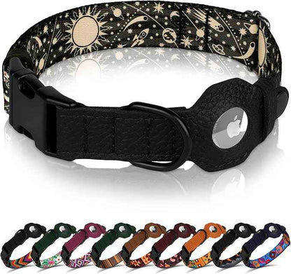 AirTag Dog Collar with Metal Buckle - Printed Nylon Soft Leather Dog Collar with Apple AirTag Holder - Secure Tracking GPS Pet Collars for Girl Boy Small Large Dogs (S, 12"-15" Neck Fit, Space)