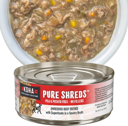 KOHA Pure Shreds Beef Entrée for Cats, Single Meat High Protein Wet Cat Food, 5.5oz Cans (Pack of 12)