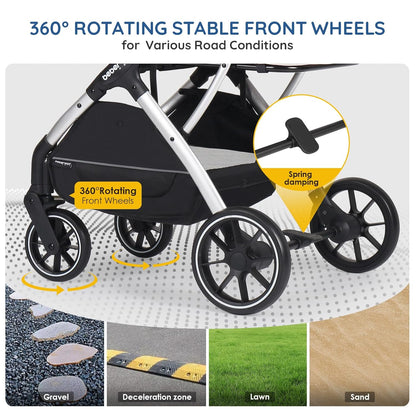 T5 Luxury Pet Stroller for Medium Dog Under 60lbs or 2 Small Dogs & Cats with 180 ̊Canopy, Sun Shades, Auto-Folding Stroller for Multiple Pets（Beige）