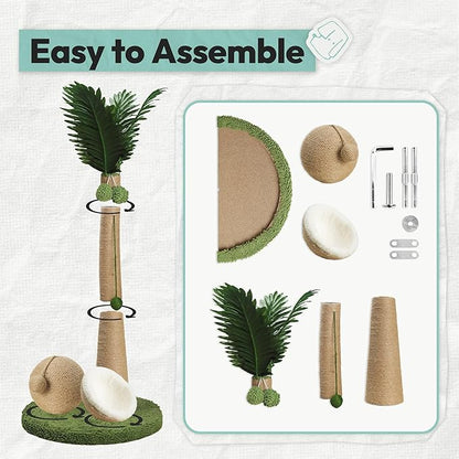 Cat Scratching Post 33 Inch Palm Tree with Hanging Balls and Double Coconut Toys, Cat Scratcher for Indoor Kittens, Extra Stable Base, Paw-Friendly Jute Material M