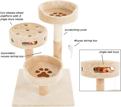 Cat Tree - 3-Tier Tall Cat Tower Condo with 2 Napping Perches, Sisal Rope Scratching Post, Hanging Mouse and Interactive Wheel Toy by PETMAKER (Beige), 27.5"