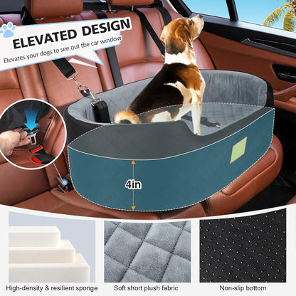 Dog Car Seat for Medium Dogs Up to 50 lbs, Pet Booster Seat for Cars SUVs and Trucks, Travel Dog Bed with Safety Strap, Thick Cushion, Non-Slip Base, Washable and Portable(Black/Gray