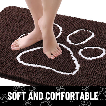 Smiry Dog Door Mat for Muddy Paws, Absorbent Dirt Trapper Non Slip Quick Dry Washable Chenille Mat for Mud Dogs, Entry Rug for Indoor and Outdoor (48x30 Inches, Brown and White)