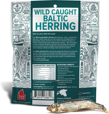 PLATO Pet Treats Fish Dog Treats - Air-Dried, Single Ingredient Dog Treat - with Omega 3 & 6 Fatty Acids to Support Skin and Coat - 100% Whole Fish - Wild Caught Baltic Herring Dog Treats - 3oz
