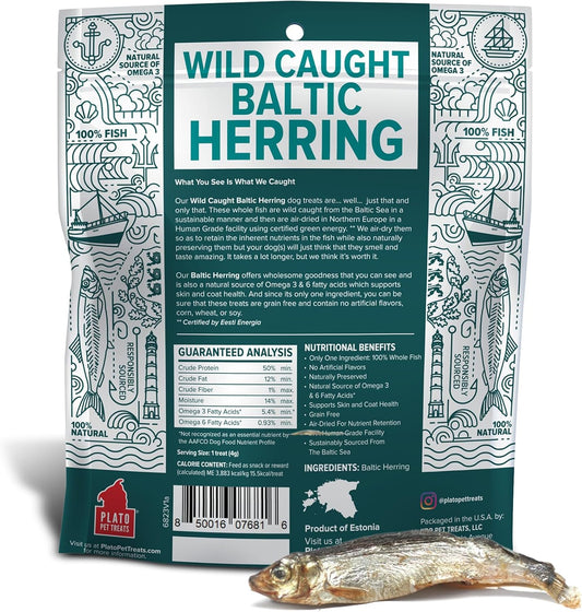 PLATO Pet Treats Fish Dog Treats - Air-Dried, Single Ingredient Dog Treat - with Omega 3 & 6 Fatty Acids to Support Skin and Coat - 100% Whole Fish - Wild Caught Baltic Herring Dog Treats - 3oz