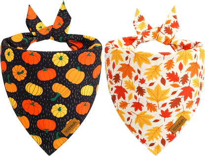 Fall Dog Bandanas - 2 Pack Halloween Thanksgiving Dog Bandana | Reversible Pumpkin and Leaf Pet Scarf for Boy & Girl | Premium Durable Fabric | Holiday Bandana for Small and Medium Dogs (Small)