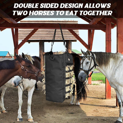 Innovative Hay Bags for Horses, Goat Hay Feeder with Reinforced Oxford Fabric and High Strength Metal Clasp,Horse Feeding Supplies with Adjustable Strap for Easy Hanging (2 Black+1 Purple)