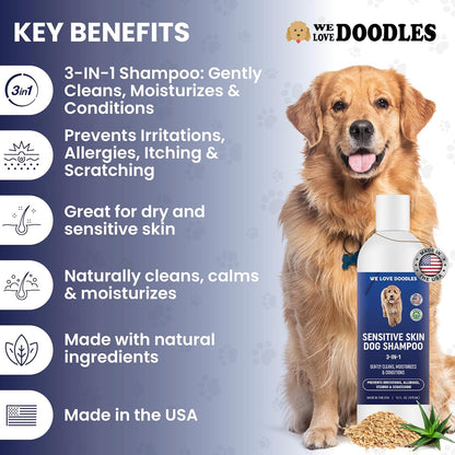 Premium 3-in-1 Sensitive Skin Dog Shampoo, Great for Allergies, Itching, Scratching, Anti-Itch Shampoo for Dogs with Oatmeal & Aloe, Made in USA, Natural Ingredients, 16 oz [We Love Doodles]