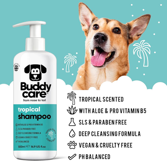 Tropical Dog Shampoo by Buddycare | Dry Skin & Itchy Skin Relief for Smelly Dogs | Deep Cleansing Shampoo for Dogs Puppy Sensitive Skin | Dog Shampoo & Conditioner | with Aloe & Vitamin B5 (16.90oz)