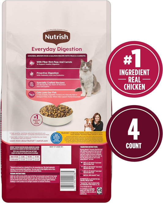 Nutrish Everyday Digestion Dry Cat Food, Chicken Brown Rice and Salmon Recipe with Peas and Carrots, 3 lb. Bag, 4 Count, (Rachael Ray)