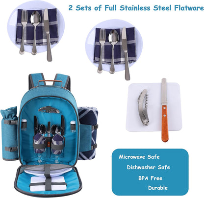 Apollo Walker Picnic Backpack Set for 2 Person with Cooler Compartment, Detachable Bottle/Wine Holder, Fleece Blanket, Plates and Cutlery Set (Teal)