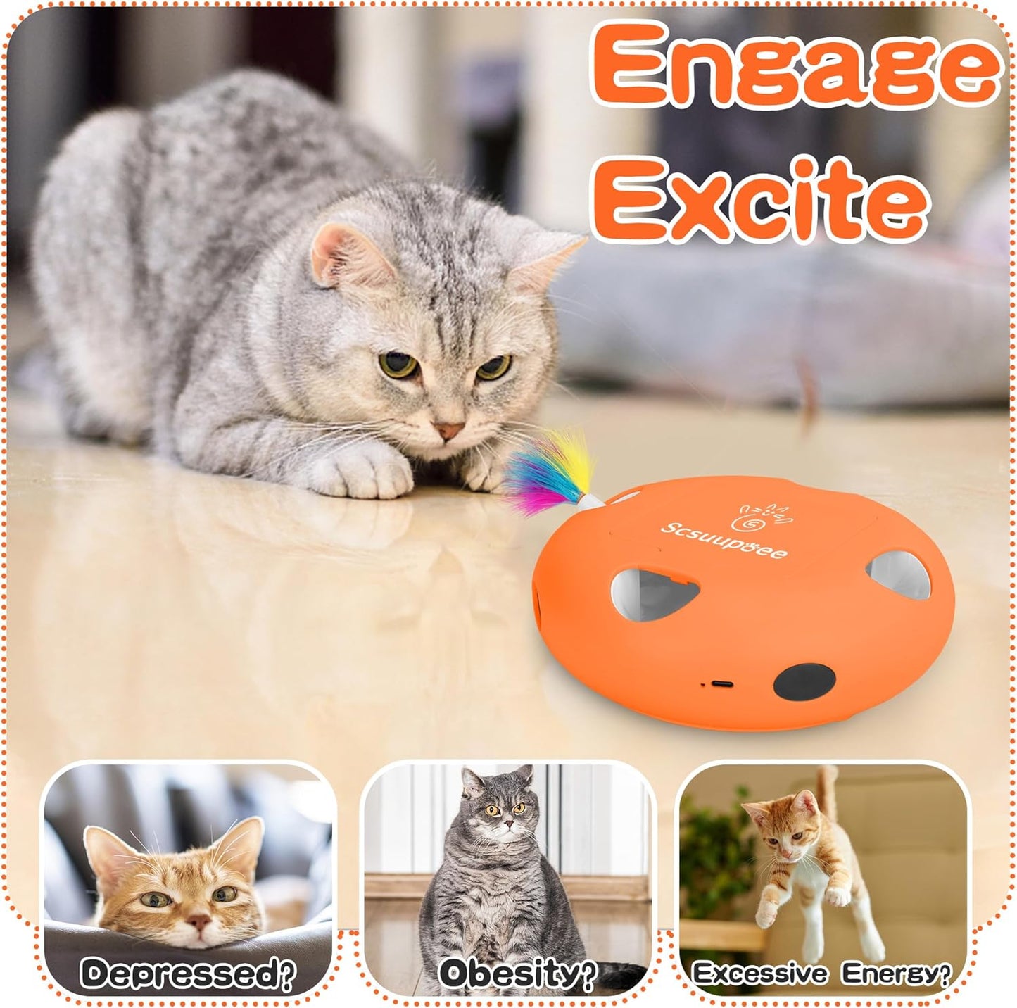Interactive Cat Toy, Electric Cat Toys for Moving Concealed Feathers, Smart Sensor 7 Holes Whack a Mole Feather Toy, USB Charge Automatic Kitten Toys,Orange