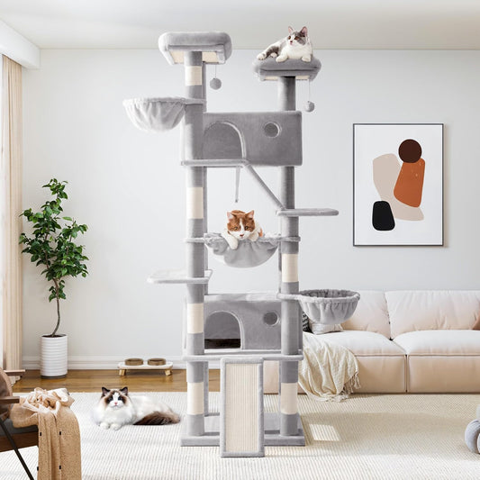 Allewie 81 Inches Tall Cat Tree/Multi-Level Large Climbing Tree House and Towers for Big Feline/Condo and Hammock/Scratching Post/Wide Base/Grey
