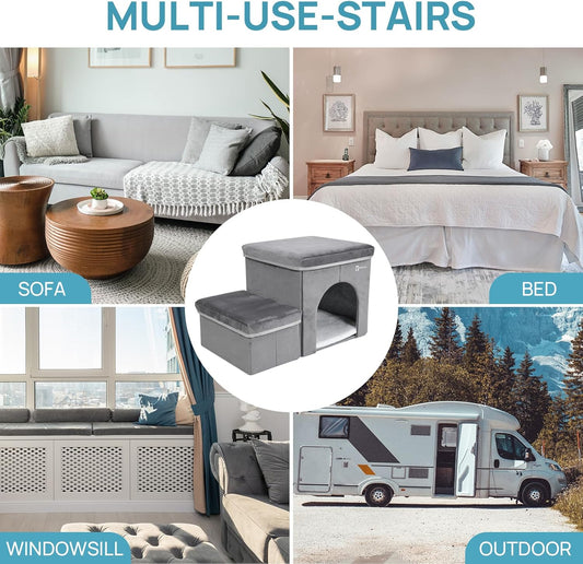 Foldable Pet Stairs for Beds & Sofas - Non-Slip Dog Steps with Storage for Small to Medium Dogs & Cats, Supports up to 120 lbs - Durable 2 & 3-Step Doggie Ladder for Easy Access - Pawvie