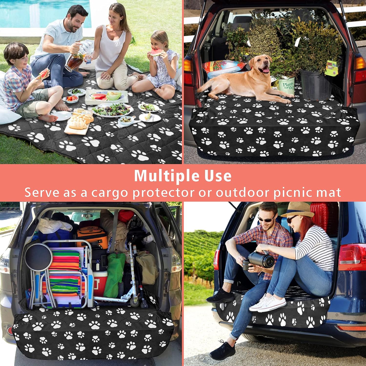 F-color SUV Cargo Liner for Dogs, Water Resistant Pet Cargo Cover Dog Seat Cover Mat for SUVs Sedans Vans with Bumper Flap Protector, Non-Slip, Large Size Universal Fit, Paw Print - Pawvie