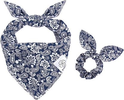 E-Clover Dog Bandanas Boy & Matching Scrunchie Set Dog Bandana Scarf Bibs with Bow Scrunchies for Medium Large Dogs Pet Owner Mom Boho