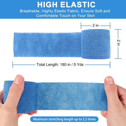 24 Pack Self Adherent Cohesive Wrap Bandages, 2” x 5 Yards Blue Athletic Tape, Medical Tape, Vet Wrap, Elastic Grip Tape for Sports Wrist Ankle Pet Ankle Swelling Sprains