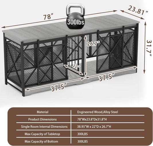 COZPAW 78 Inch Double Dog Crate Furniture, Extra Large Dog Kennel Indoor for Medium Large 2 Dogs, Heavy Duty Dog Cage Chew-Resistant Steel and Wooden Pet House with Removable Divider (Grey)