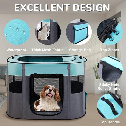Portable Dog Cat Playpen with Waterproof Pad,Collapsible Pet Puppy Kitten Crate,Foldable Small Animals Kennel Cage for Indoor Outdoor Travel Camping,Water-Resistant Breathable Shade Cover (Green M)