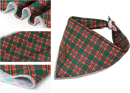 Lionet Paws Christmas Dog Bandana for Medium Large Dogs,Green Grid Dog Kerchief Washable Dogs Triangle Bibs Scarf for Girl or Boy