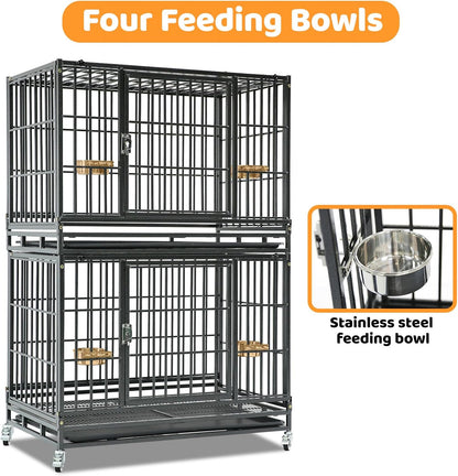 Homey Pet 37 Inch Stackable Heavy Duty Dog Crate Cage Kennel with Feeding Bowls, Lockable Wheels and Removable Tray, Escape Proof Wire Drop Dog Crates for Medium Dogs (Two Tiers)