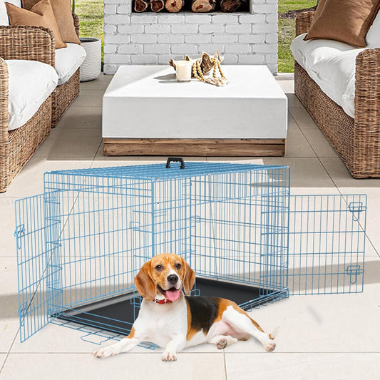 FDW Dog Crate for Medium Dogs 36 Inch Folding Metal WirePet Cage Double Door W/Divider Panel Indoor Outdoor Kennel Leak-Proof Plastic Tray,Blue