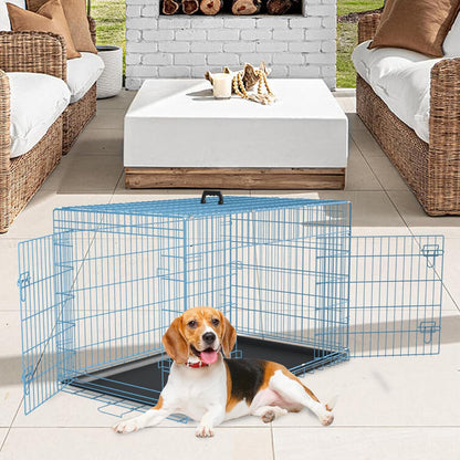 FDW Dog Crate for Medium Dogs 36 Inch Folding Metal WirePet Cage Double Door W/Divider Panel Indoor Outdoor Kennel Leak-Proof Plastic Tray,Blue
