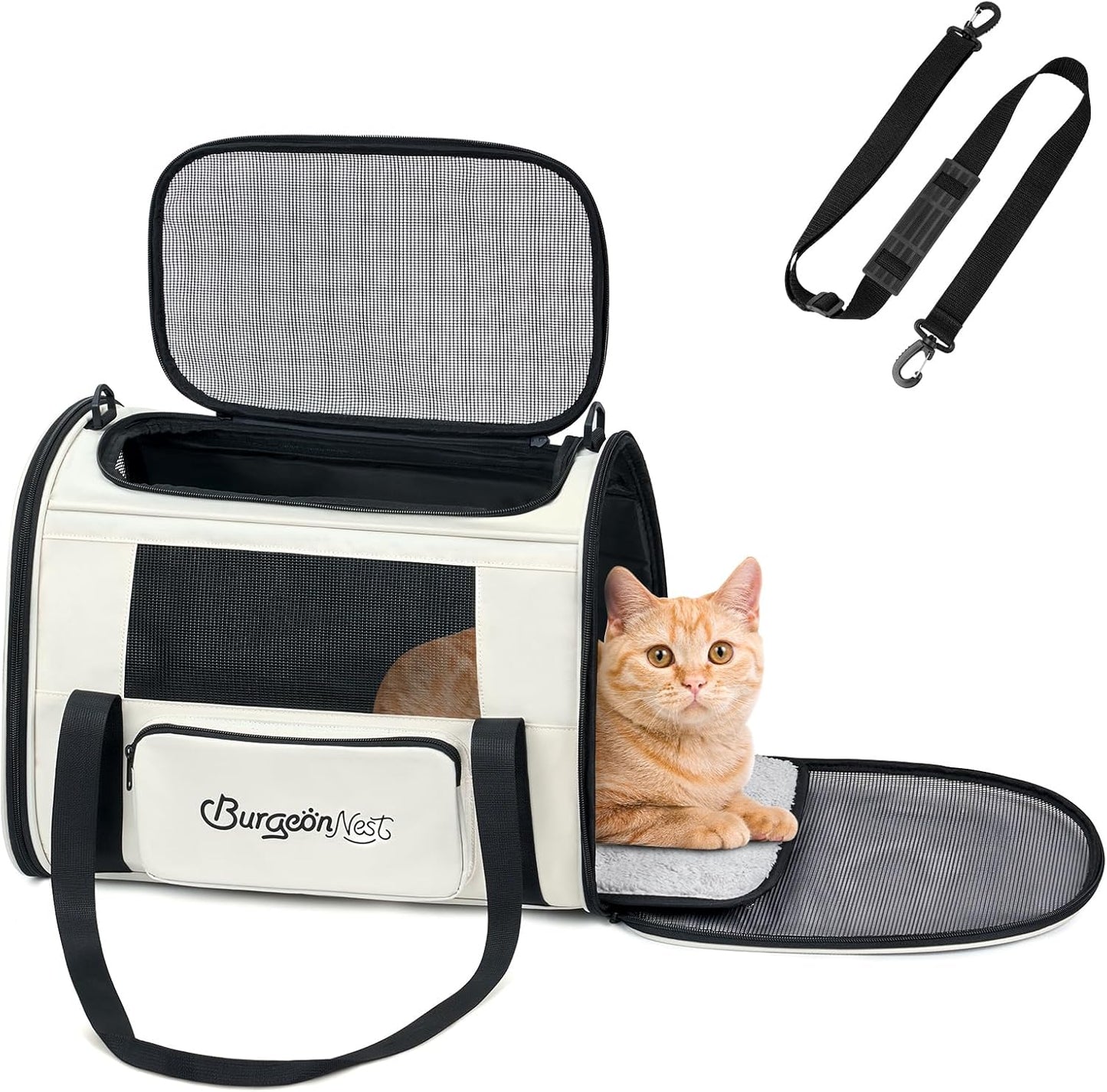 BurgeonNest Cat Carrier for Large Cats 20 lbs,Medium Pet Under 25 lbs,2 Puppy and Small Dogs with Unique Side Bag,Top Load Pet Carrier Soft-Sided Escape Proof with 4 Ventilated Windows
