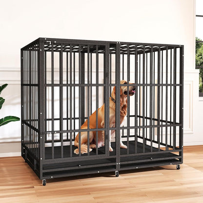 54 in Heavy Duty Indestructible Dog Crate Steel Escape Proof, High Anxiety Cage with Wheels, Removable Tray, Extra Large Dog Kennel XL XXL