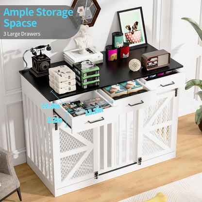 48'' Dog Crate Furniture with Divider&Storage Drawers, Wooden Double Dog Kennel Furniture End Table with Sliding Barn Doors, White Double Dog Crate TV Stand